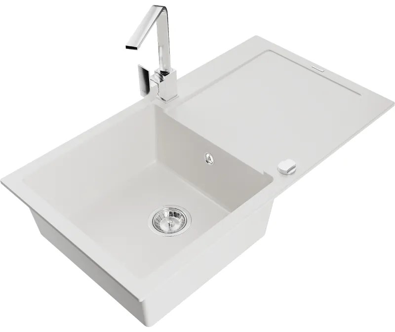 Mexen Leo, drez granitový 900x500x190 mm, 1-komorový, biely s chrómovým sifónom a chrómová drezová batéria Rita, 6501-20-670300-00