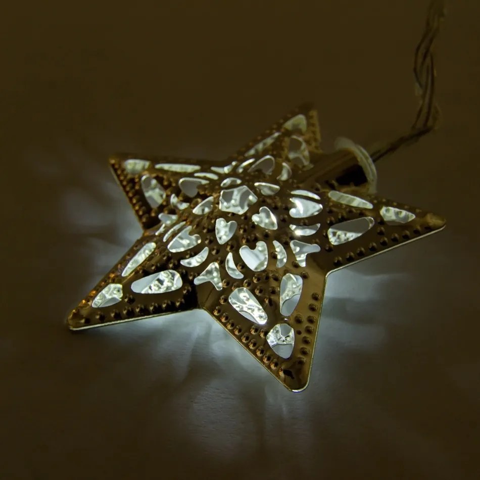 DECOLED LED světelný řetěz na baterie, kovové hvězdy, ledově bílá, 10 diod, 1,3 m