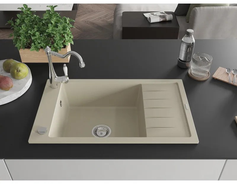 Mexen Elias, granitový drez 795x480x200 mm, 1-komorový a drezová batéria Carla, béžová, 6511-69-670700-00