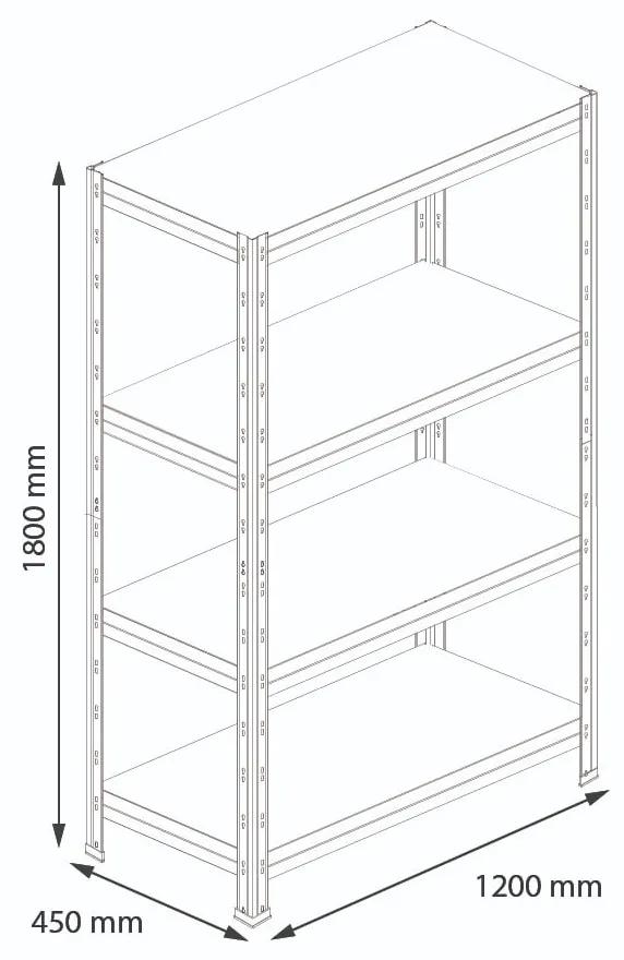 Bezskrutkový kovový regál RIVET, 180x120x45 cm, 4x HDF polica, zinok