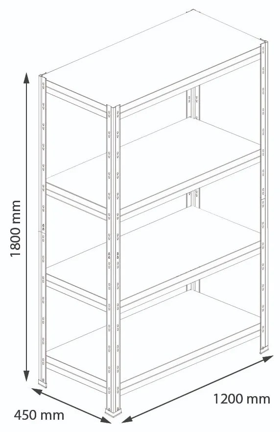 RIVET bezskrutkový kovový regál s HDF policou, 180x120x45 cm, 4 police, 250kg na policu, antracitová sivá farba