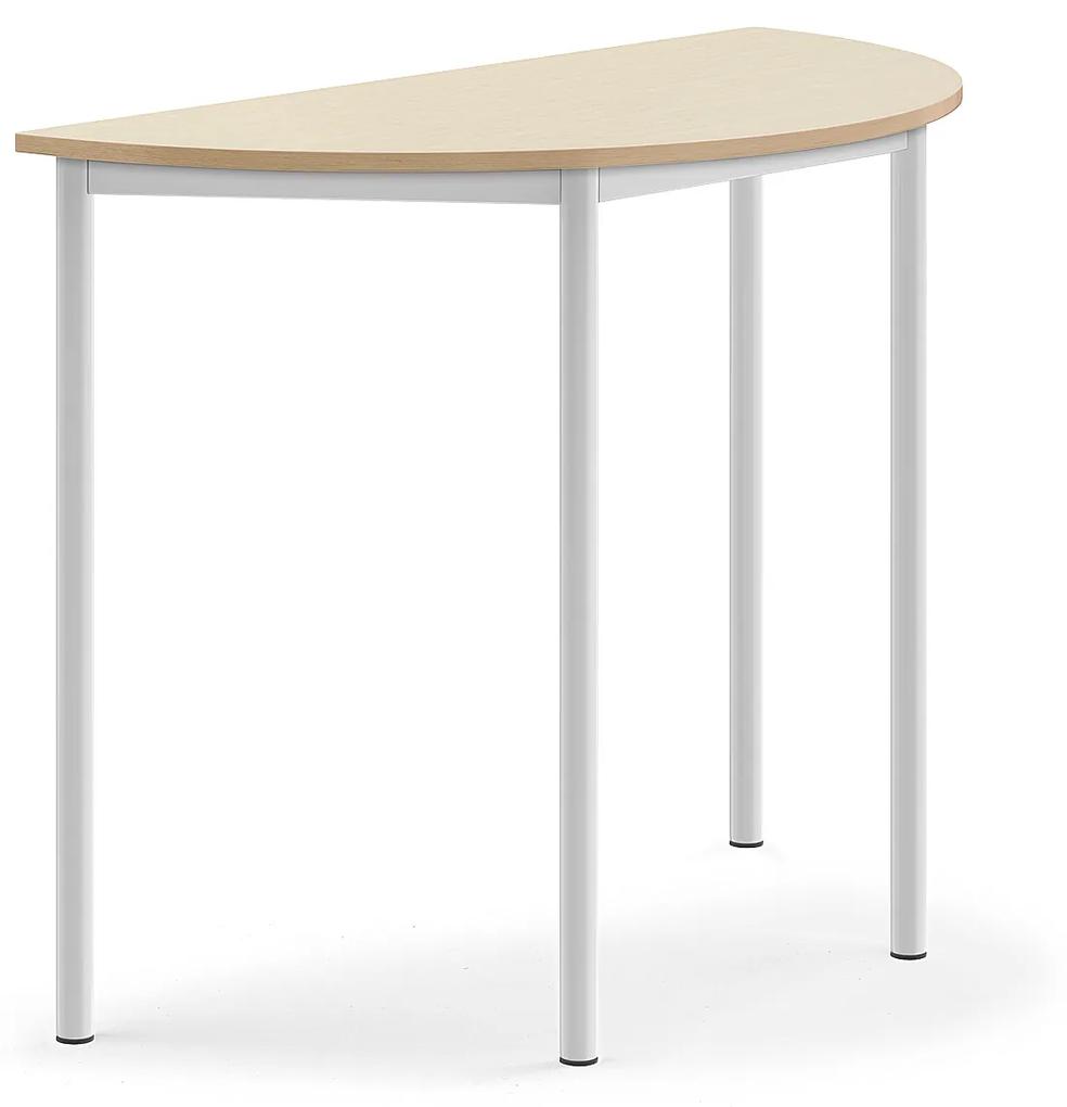 Stôl SONITUS, polkruh, 1200x600x900 mm, HPL - breza, biela