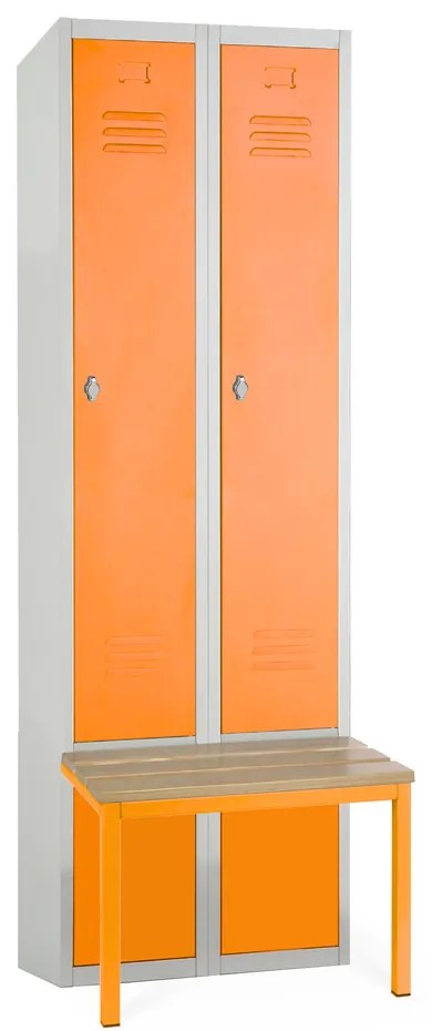 Kovová šatníková skrinka s lavičkou, 60 x 85 x 185 cm, sokel, otočný zámok, oranžová - ral 2004