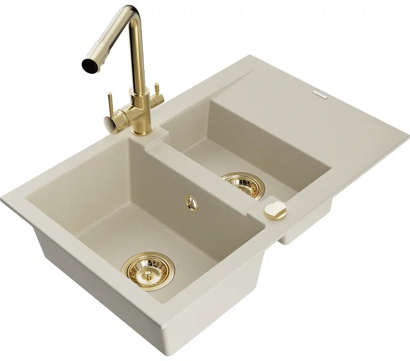 Mexen Gaspar, granitový drez 737x475x177 mm, 1,5-komorový, zlatá batéria Duero, béžová, 6507-69-671600-50