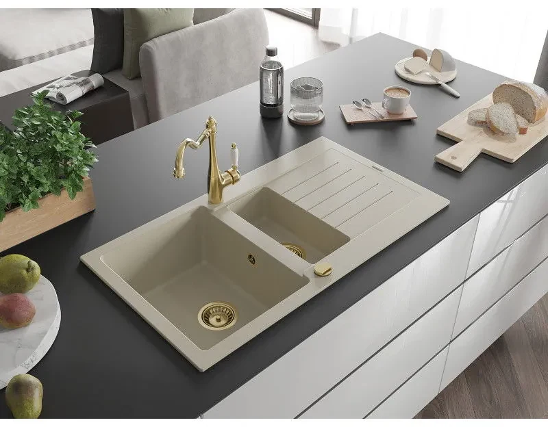 Mexen Matias, granitový drez 900x505x200 mm, 1,5-komorový a drezová batéria Carla, béžová, 6502-69-670700-50
