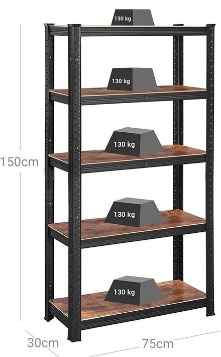 SongmicsHome Policový regál DUSTY,5 políc, max 650kg, čierna/hnedá