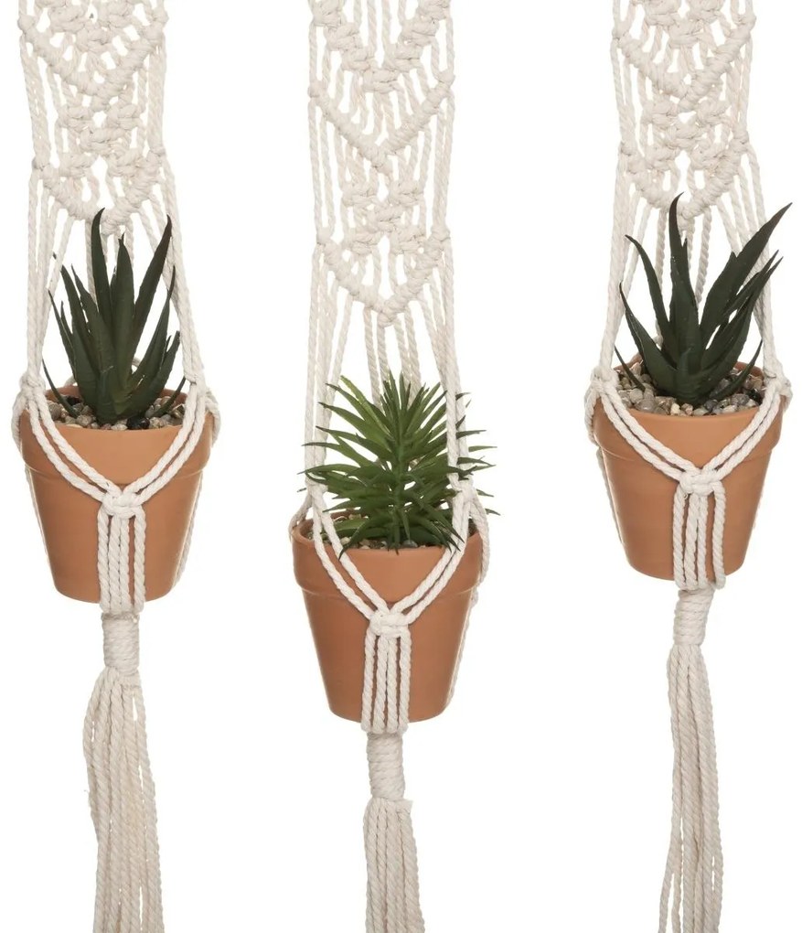 Umělé květiny v trojitém závěsném květináči BOHO 3 Macrame bílá