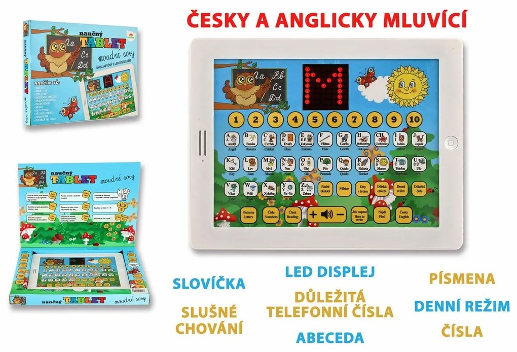 Náučný tablet múdrej sovy dvojjazyčný CZ+AJ, plast, 24x19x2 cm, na batérie so zvukom