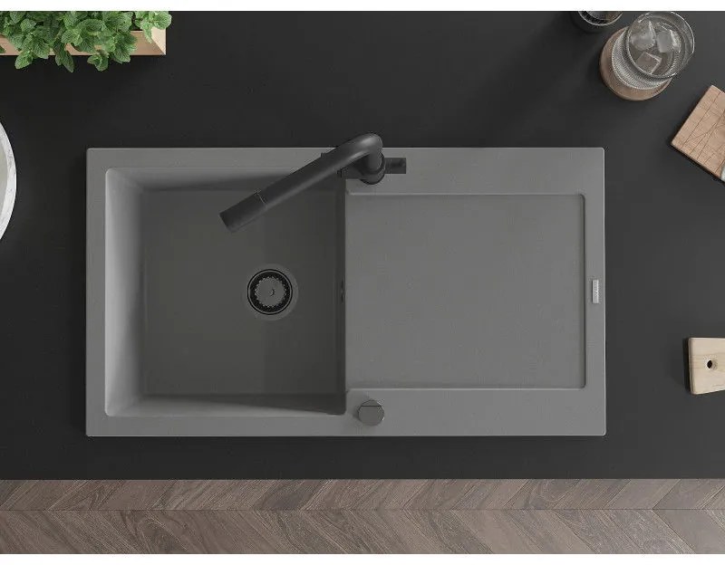 Mexen Leo, drez granitový 900x500x190 mm, 1-komorový a čierna batéria Duero, šedá, 6501-71-671600-70-B