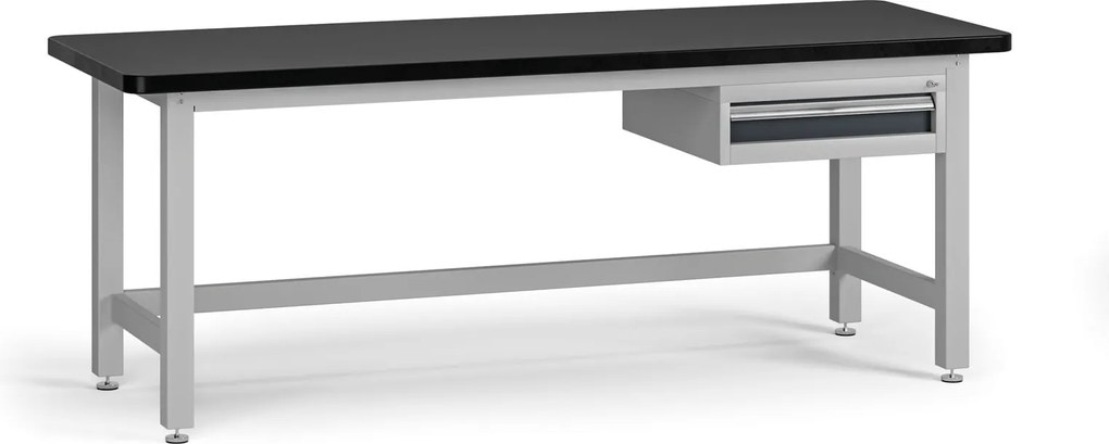 Pracovný stôl do dielne G4 so závesným boxom na náradie, MDF + PVC doska, 1 zásuvka, 2100 x 750 x 800 mm, grafit