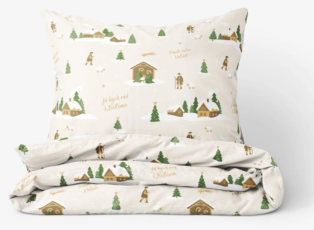 Goldea vianočné bavlnené posteľné obliečky - pásli ovce valaši 240 x 220 a 2ks 70 x 90 cm