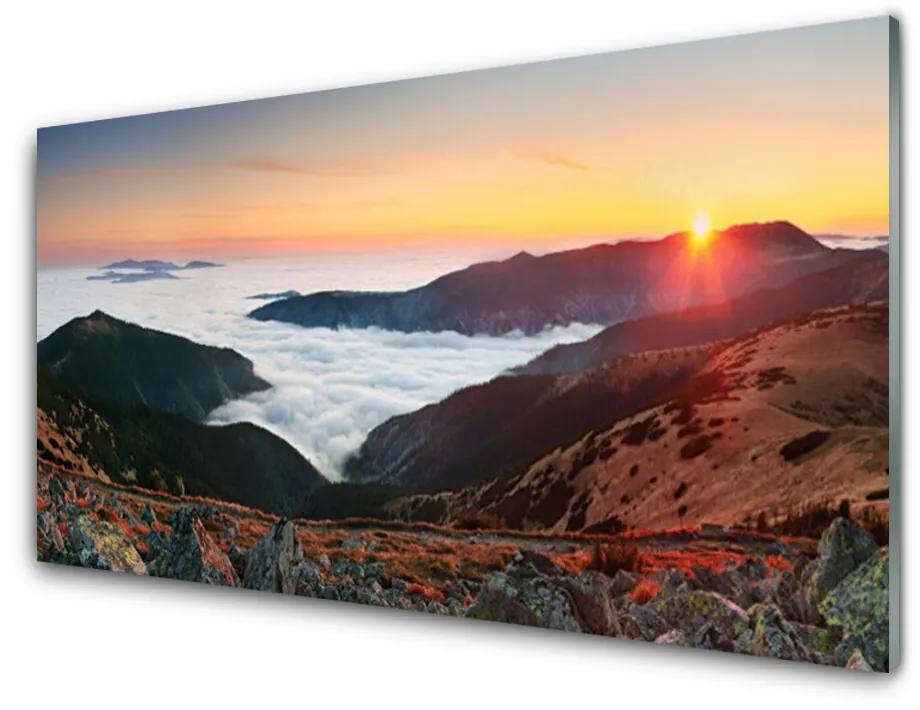 Skleneny obraz Hory mraky slnko krajina 125x50 cm