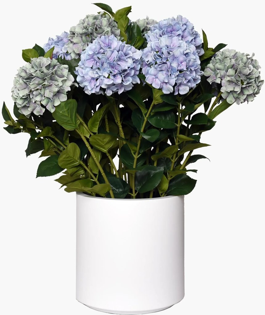 Umelá hortenzia HYDRANGEA v bielom kvetináči, výška 90 cm, modrá