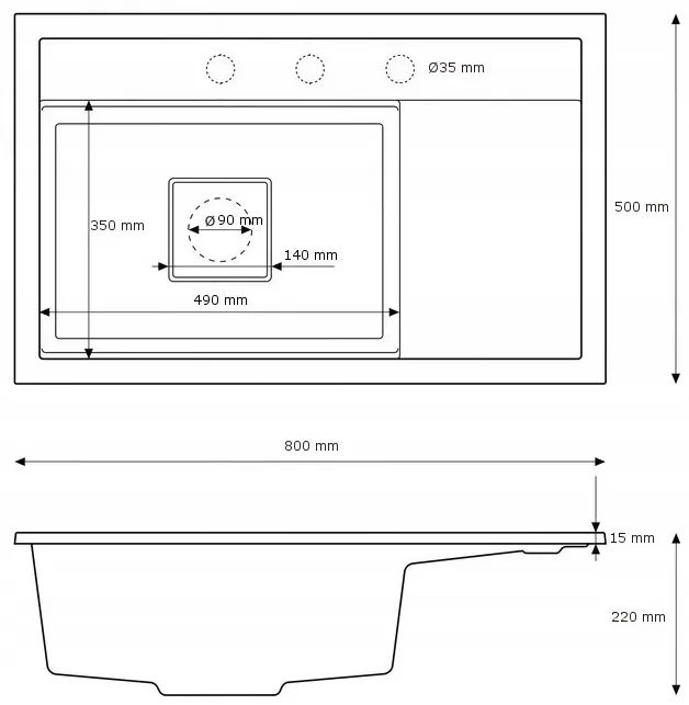 Gamma Quadro 8151, 1-komorový granitový drez 800x500x220 mm, čierna, GMA-ZLE000184