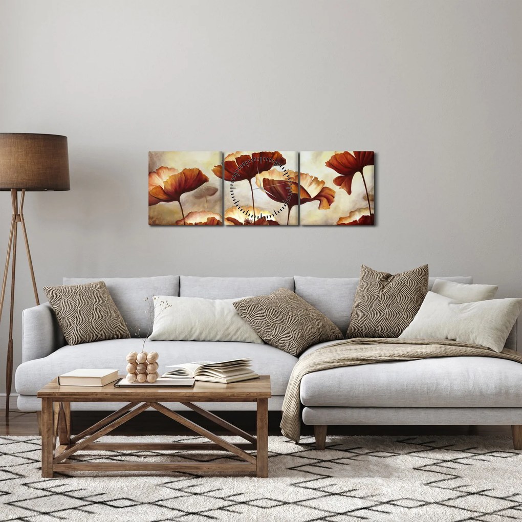 Obraz červených kvetov (s hodinami) (90x30 cm)