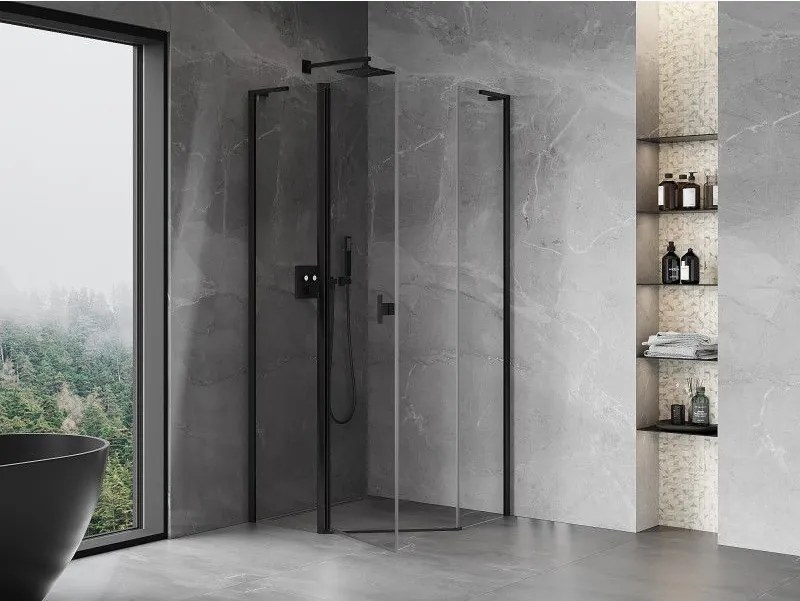 Mexen Mist L, päťuholníkový sprchový kút s krídlovými dverami, 90 x 90 cm, 8mm číre sklo, čierny profil, 8A8L-090-090-70-00