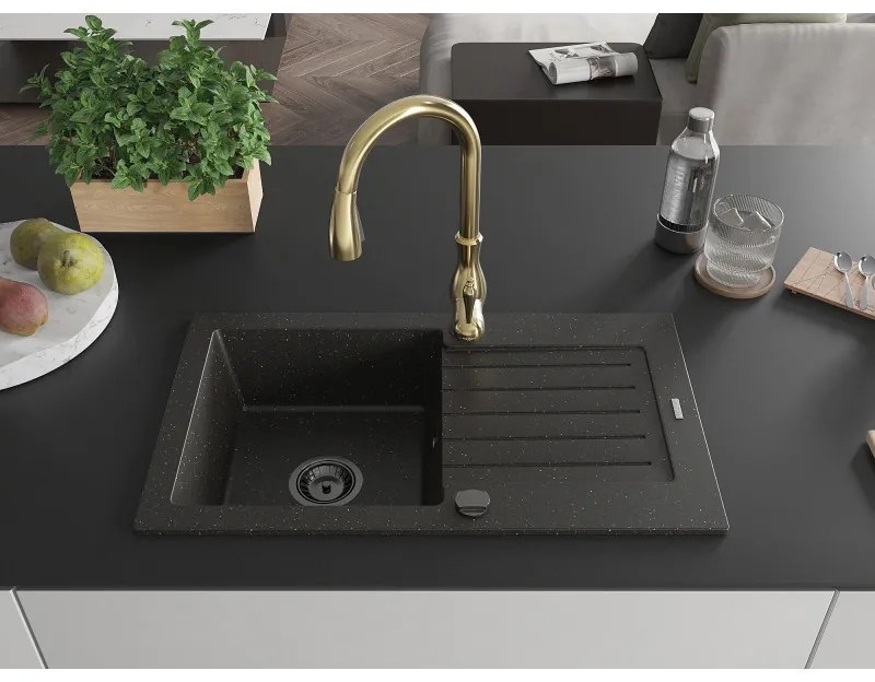 Mexen Pablo, granitový drez 752x436x161 mm, 1-komorový a drezová batéria Savita, čierna-zlatá metalíza, 6510-75-672601-50-B
