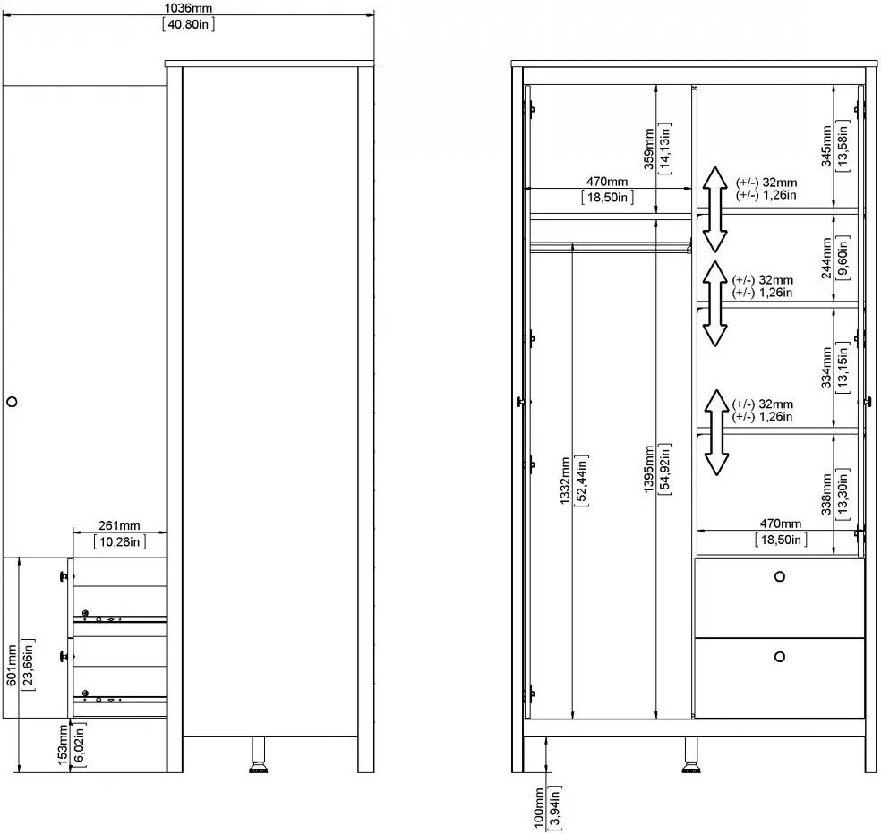 Šatníková skriňa Realty 102 cm so zrkadlom biela