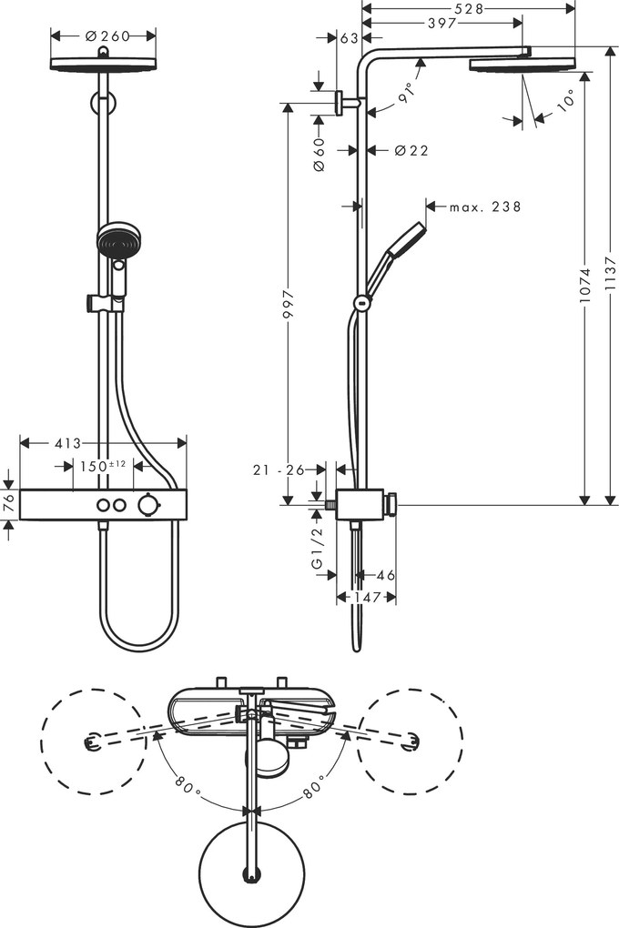 Hansgrohe Pulsify S, Showerpipe 260 1jet EcoSmart s termostatom ShowerTablet Select 400, kartáčovaný bronz, HAN-24221140