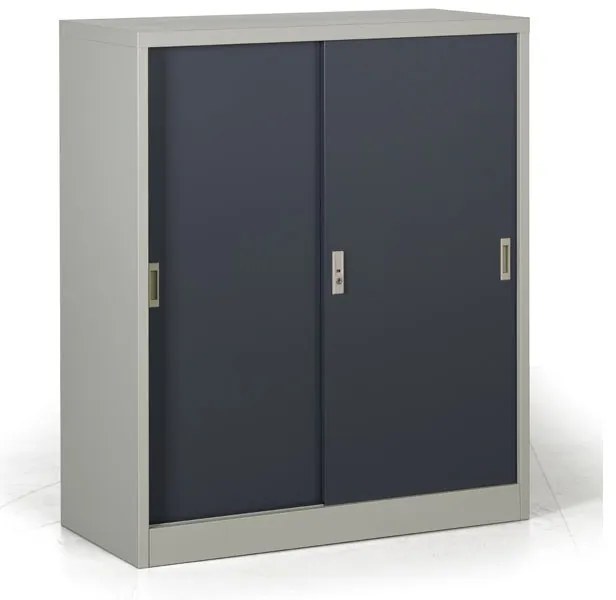 Kovová skriňa s posuvnými dverami, 2 police, 1000 x 1200 x 450 mm, tmavo sivá