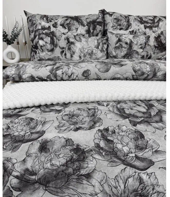 Obliečky Sivé pivónie 140x200 / 70x90 cm – 100% bavlna, elegantný sivý motív pivónií, zips