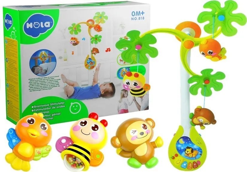 LEAN Toys Kolotoč nad postieľku s hracou skrinkou a hrkálkami pre bábätká