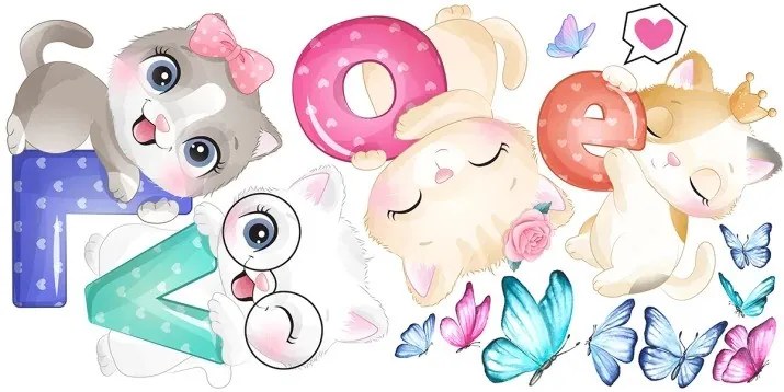 Nálepka na stenu pre dievčatá mačiatka s nápisom LOVE 150 x 300 cm