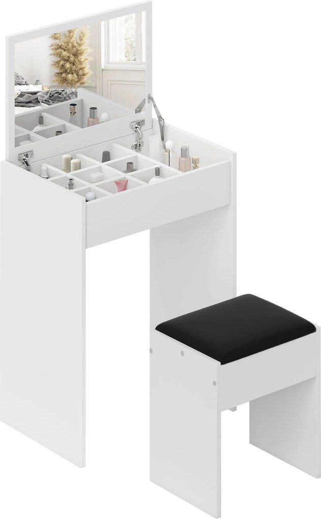 HOMCOM Rozkladací Toaletný Stolík s Zrkadlom, Moderný Make-up Stolík so Stoličkou a Úložným Priestorom (10 Úložných Priestorov), Biela MDF, 60,2 x 40,