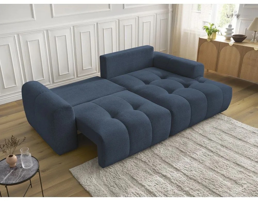 Modrá ženilková rozkladacia/s úložným priestorom rohová pohovka (pravý roh/s leňoškou) Roxelane – Bobochic Paris