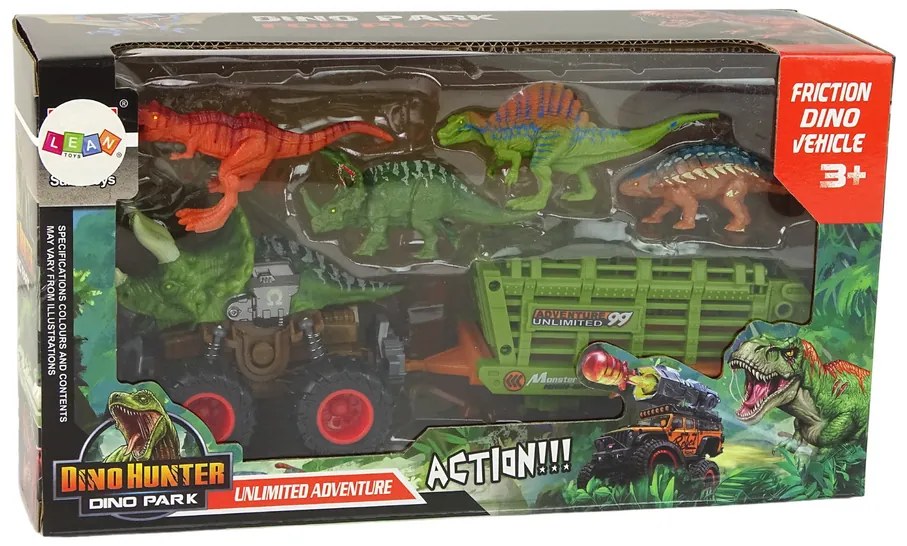 Lean Toys Vozidlo s prívesom a motívom Dinosaura - 4 kusy dinosaura