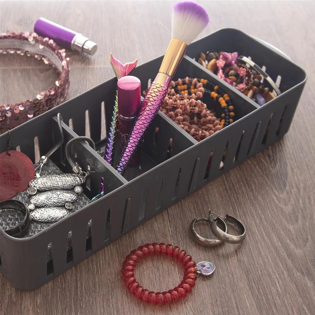 Úložný box s priehradkami, stohovateľný, sivý, NIKI (4 priehradky), 32 x 10 x 7 cm