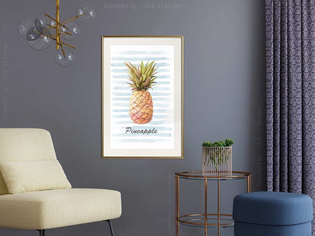 Artgeist Plagát - Pineapple and Stripes [Poster] Veľkosť: 30x45, Verzia: Zlatý rám s passe-partout