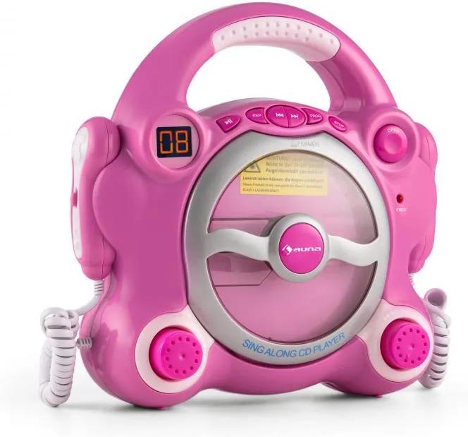 Auna Pocket Rocker, ružový, karaoke systém s CD prehrávačom, Sing A Long, 2 mikrofóny, batérie