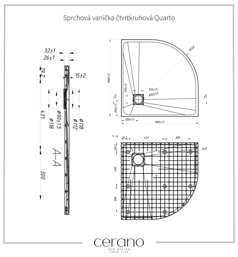 Cerano Quarto, štvrťkruhová sprchová vanička 90x90x3 cm z minerálneho kompozitu, biela, CER-CER-414761