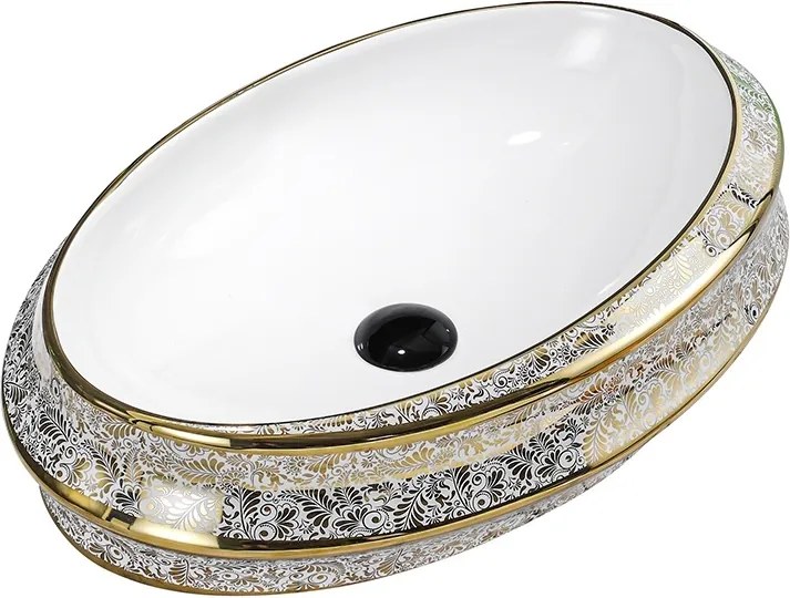 BPS-koupelny Keramické umývadlo na dosku HYD-YO-WH-MOD5-GL-600 60x40 cm, biele/zlatý dekor