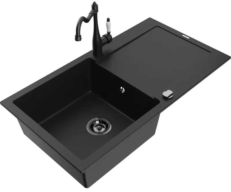 Mexen Leo, granitový drez 900x500x190 mm, 1-komorový a drezová batéria Carla, čierna, 6501-77-670700-70-B