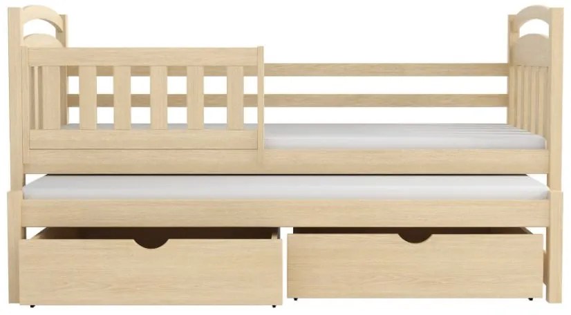 Detská posteľ z masívu borovice KAŠPAR s prístelkou a šuplíkmi - 200x90 cm - PRÍRODNÁ BOROVICA