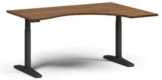 Výškovo nastaviteľný stôl, elektrický, 675-1325 mm, ergonomický pravý, doska 1600x1200 mm, čierna podnož, orech