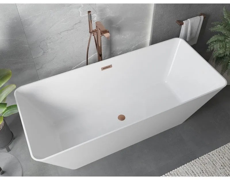 Mexen Velo Slim, voľne stojaca vaňa 170 × 75 cm, biela lesklá, medený prepad, 52811707500-65