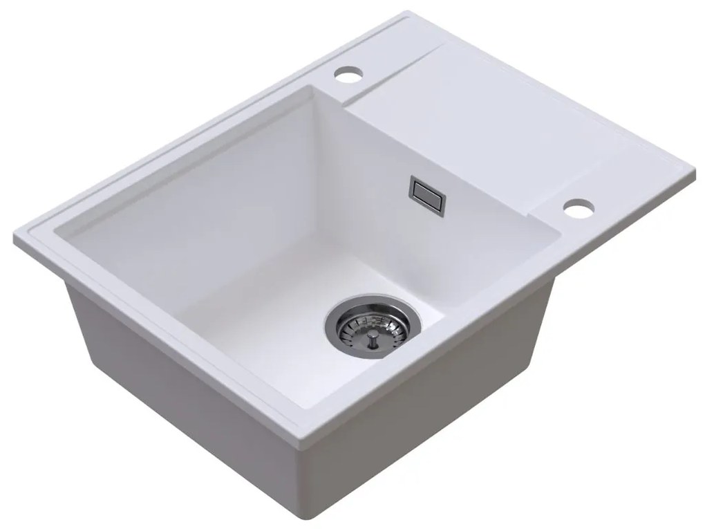 Sink Quality Sink55, kuchynský granitový drez 620x460x215 mm + grafitový sifón, biela, SKQ-SINK.W.1KKO.XB