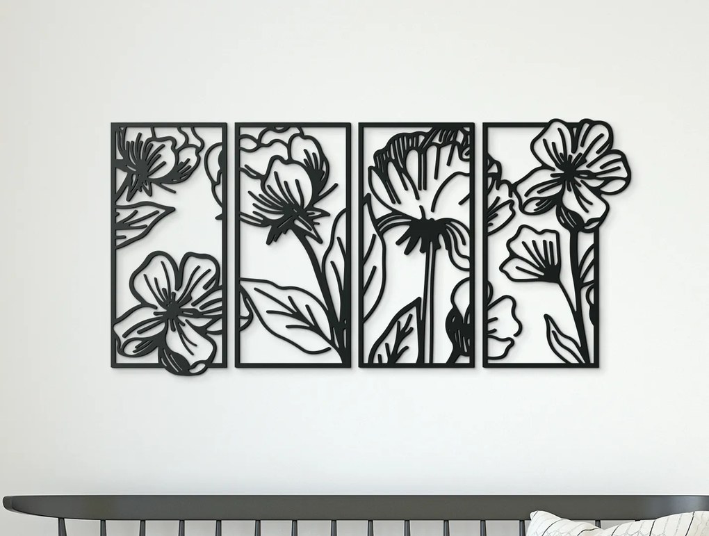 drevko 4-dielny obraz na stenu Kvety Rozmer obrazu: 32 x 65 cm, Farba dekorácie: Čierna