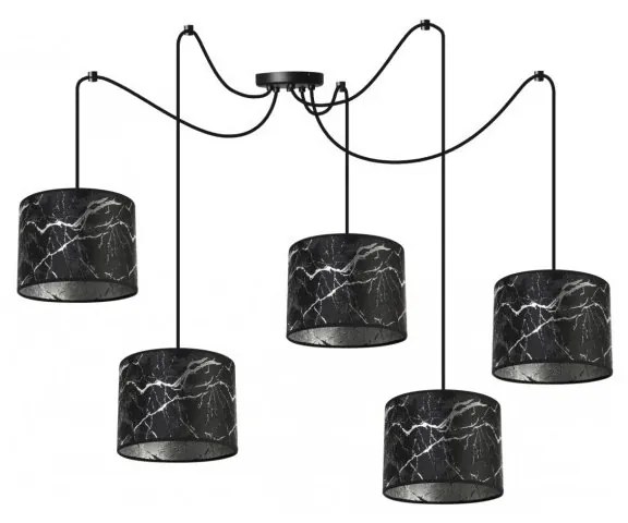 Závesné svietidlo Werona Spider, 5x čierne textilné tienidlo so vzorom, s
