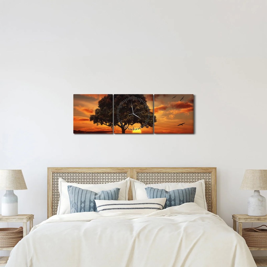 Obraz stromu pri západe slnka (s hodinami) (90x30 cm)