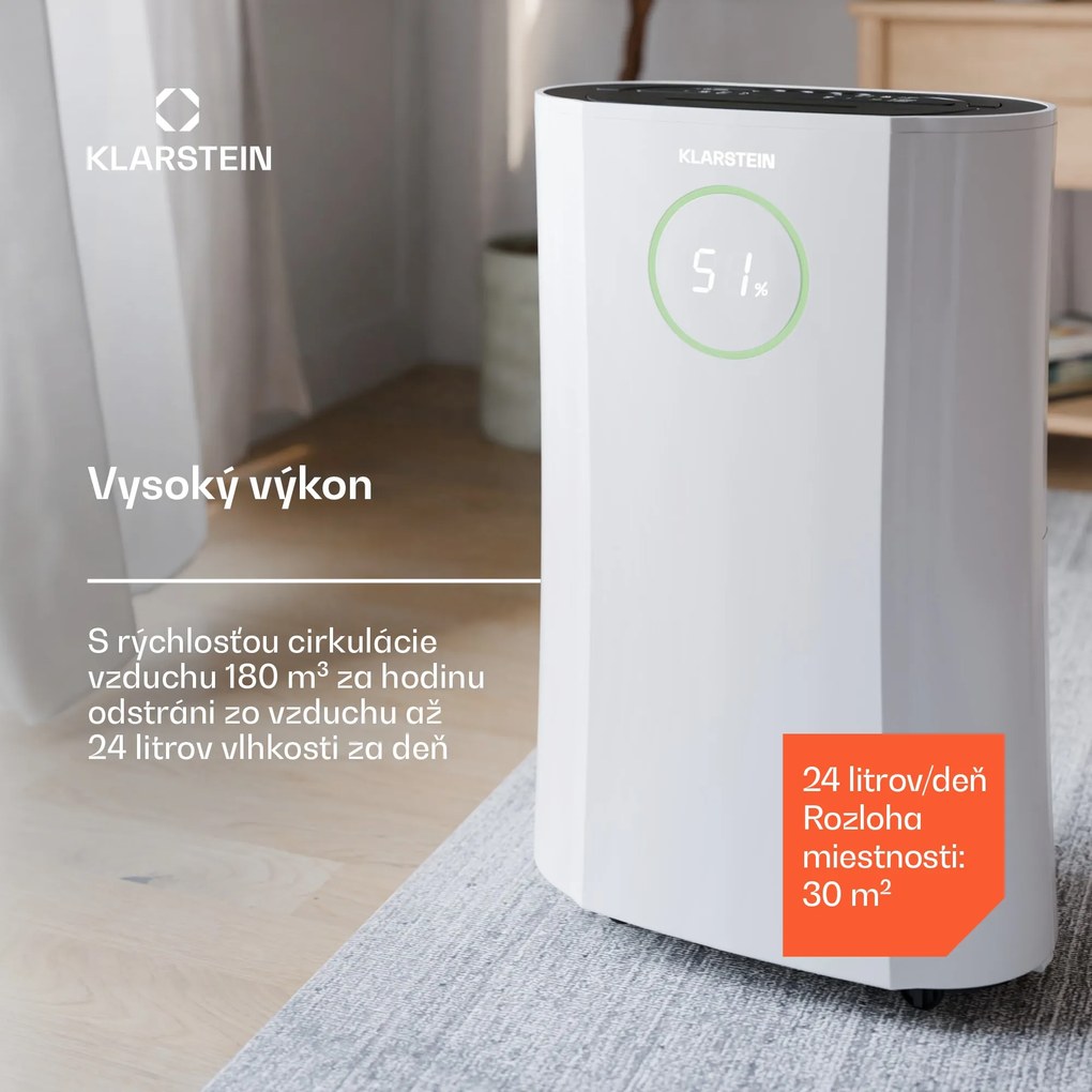 Klarstein DryFy ProConnect 24L odvlhčovač vzduchu, 24 l/deň, 30 m², WiFi, Aplikácia, LED indikátor, 24-hodinový časovač