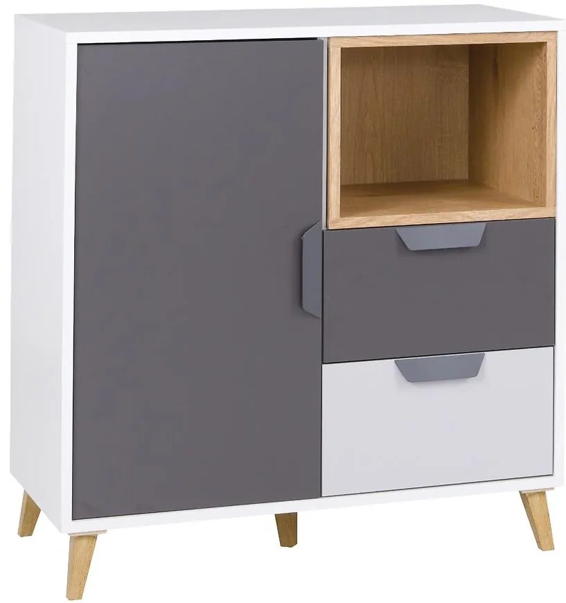 Komoda Joker 9 Biely/Grafit/Šedá/Dub Lefkas