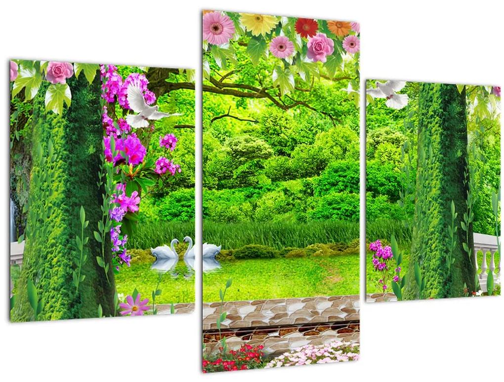 Obraz - Čarovná záhrada s labuťami (90x60 cm)