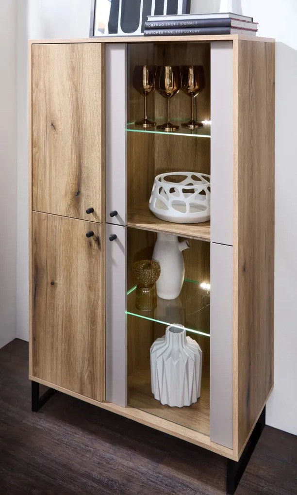 Vitrínová skrinka Cube, dub evoke / pieskovo šedá, s osvetlením