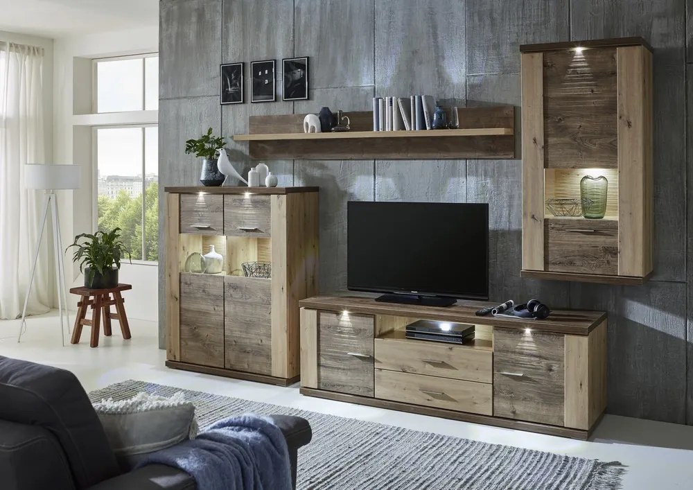 Obývacia stena Grande, dub artisan / dub Ribbeck, s osvetlením