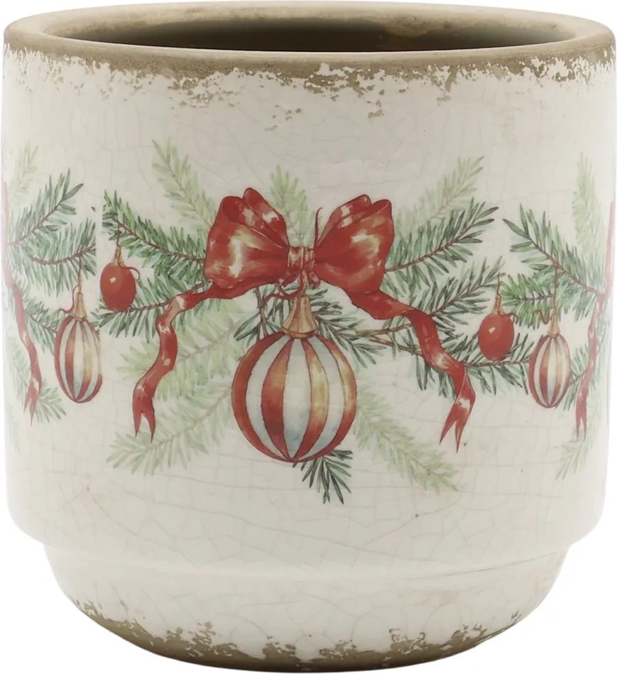 Béžový keramický kvetináč s vianočnými ozdobami Christmas Bow & Bauble – Ø 10*10 cm