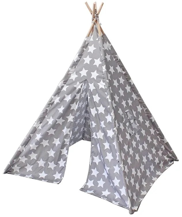 Sivý teepee stan pre deti s motívom hviezd 110 cm x 140cm